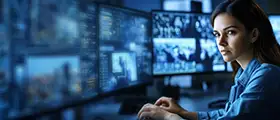 A professional cybersecurity setup where a woman works at multiple large monitors displaying security data, system dashboards, and surveillance visuals in a dark, high-tech operations room.