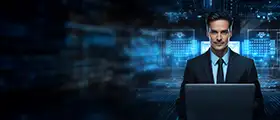 Professional SQL developer using a laptop in a digital environment, symbolizing expertise in MySQL database management and advanced query handling.