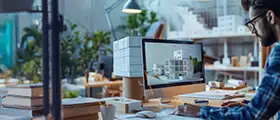 Professional working on Navisworks design software in a modern office environment.