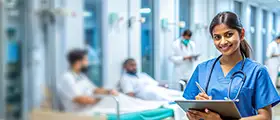 Professional nurse in blue scrubs holding a clipboard, smiling confidently in a modern hospital ward with patients and medical staff in the background.