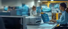 Professional managing Office 365 administration tasks on a laptop in a modern workplace environment with cloud computing icons in the background.