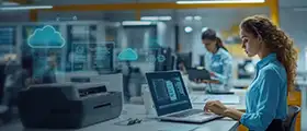 Professional woman working on a laptop with digital cloud icons, representing Office 365 with Copilot certification.