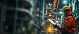A professional plant engineer wearing safety gear inspecting operations with a tablet inside an industrial facility, representing plant abnormalities and upset management training.