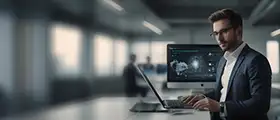 Professional cybersecurity specialist in a modern office working on a laptop, with a screen displaying digital security data, symbolizing OWASP Top 10 practices.
