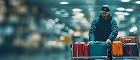 Airport ground staff pushing a luggage trolley loaded with suitcases in a terminal, representing passenger ground services and airport operations.