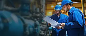 Two industrial engineers wearing blue safety uniforms and helmets reviewing technical documents inside a manufacturing facility, with machinery and control equipment visible in the background.