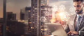 Professional Program Management Professional (PgMP) working on a laptop in a modern office with a city skyline in the background, featuring digital business and technology icons overlayed.