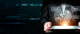 Professional holding tablet with AI and ChatGPT digital interface for prompt engineering course.