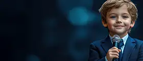 Confident young boy in a suit holding a microphone, representing public speaking training for kids.
