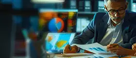 Business professionals analyzing financial charts and risk management data on paper and computer screens in an office setting.