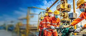 Industrial engineers in safety gear operating machinery at an oil and gas facility, representing Safety in Process Design training and certification.