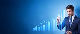 Professional sales specialist analyzing growth charts on a digital tablet with rising bar graph graphics