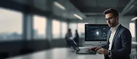 Salesforce Administrator professional working on laptop with CRM dashboard on screen in modern office.