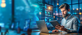 Professional Salesforce developer working on cloud application development in a modern technology workspace.