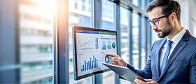 A professional SAP BASIS administrator analyzing system performance dashboards on a monitor while using a tablet in a modern office environment.