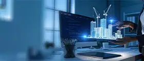 Professional using digital technology to visualize smart buildings, symbolizing SAP BTP solutions and enterprise innovation.