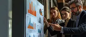 Business professionals analyzing charts and graphs on a large screen during a discussion.