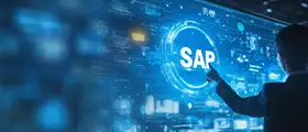 Professional individual interacting with a futuristic digital interface displaying SAP technology, representing enterprise software, data management, and business solutions.
