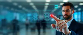Professional interacting with a futuristic SAP HR interface, selecting a digital human resource icon in a corporate office environment.