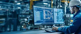 Technical professional analyzing operational dashboards on a computer in a smart factory setting.