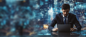 Business professional working on a laptop in a digital technology setting.