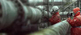Engineers wearing protective suits and gas masks inspecting industrial pipelines, representing Separation Techniques in Oil and Petroleum Industries training.