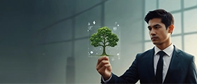 A professional businessman holding a small tree icon symbolizing sustainability and green innovation in a modern corporate environment.