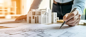 Engineer reviewing structural building plans with an architectural model and pen on a construction blueprint.
