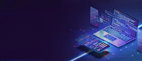 3D illustration of a laptop, tablet, and phone displaying code and analytics.
