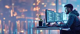 A professional web development course concept image showing a focused developer working on dual monitors with code displayed, set in a modern tech workspace.