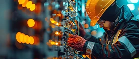 Technician wearing a hard hat installing or repairing electrical wiring in an industrial setting with illuminated control panels.