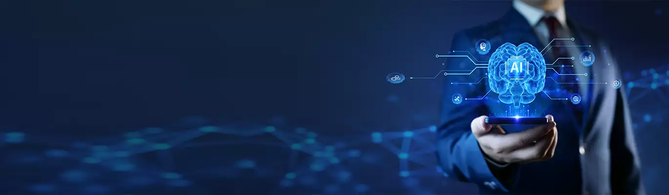 AI Engineer holding a digital hologram of an AI-powered brain with connected technology icons