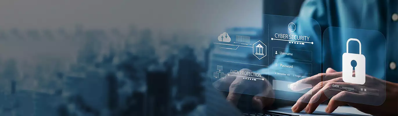 Cybersecurity professional typing on a laptop with digital icons representing online security and cyber protection