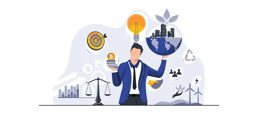 Illustration of a businessman in a suit balancing money in one hand and a globe with buildings, plants, and a light bulb in the other, symbolizing sustainability, business growth, innovation, and balance. Surrounding icons include target, gears, scales, recycling, teamwork, renewable energy, and environmental conservation.