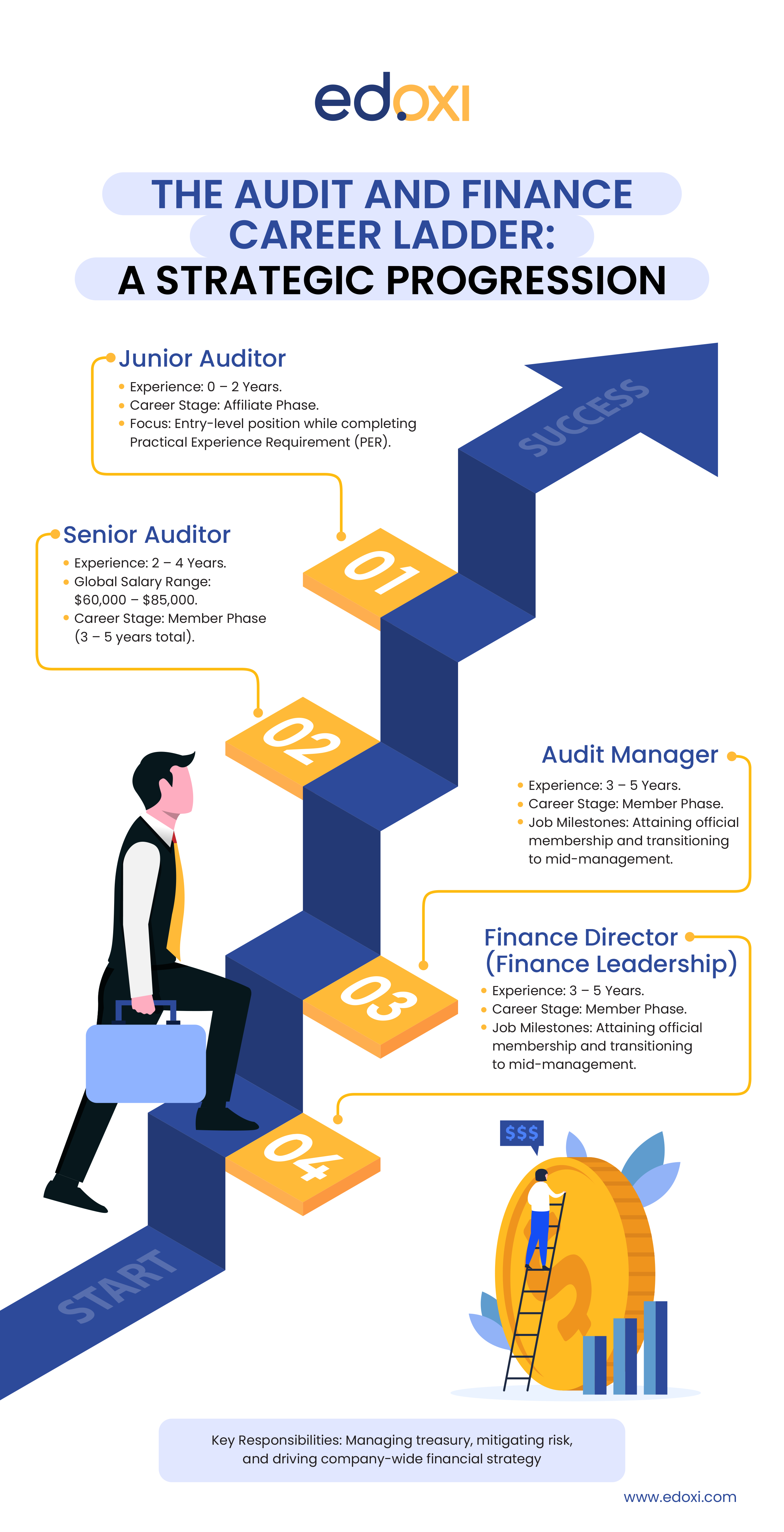 Infographic titled 'The Audit and Finance Career Ladder: A Strategic Progression.' Shows a career path from Junior Auditor to Finance Director, with corresponding salary ranges, represented by icons of financial symbols and graphs. The tone is informative, highlighting career advancement.