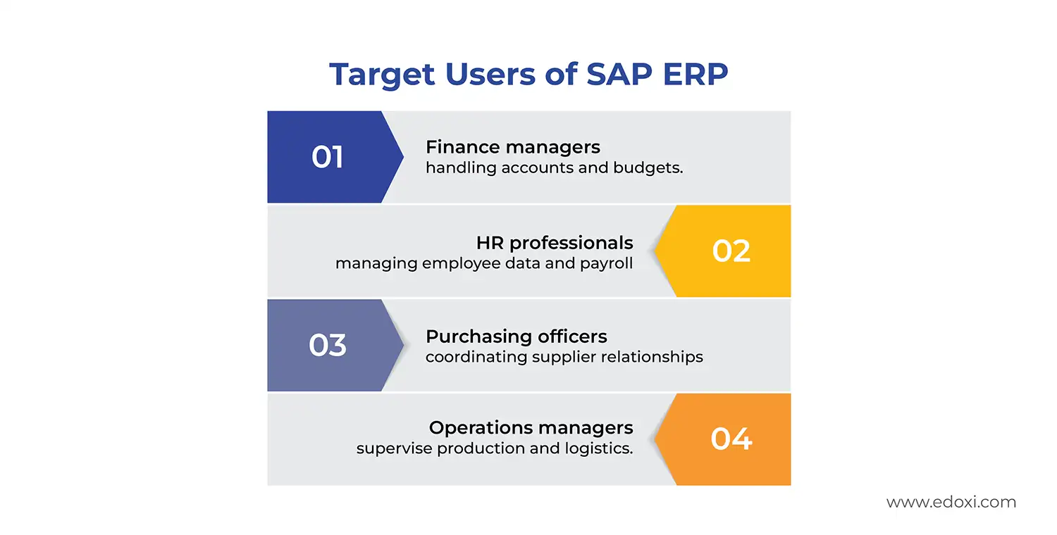 Infographic showing target users of SAP ERP, including finance managers, HR professionals, purchasing officers, and operations managers, with their respective roles and responsibilities.