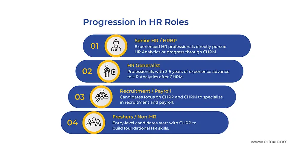 The image illustrates the Progression in HR Roles in four levels