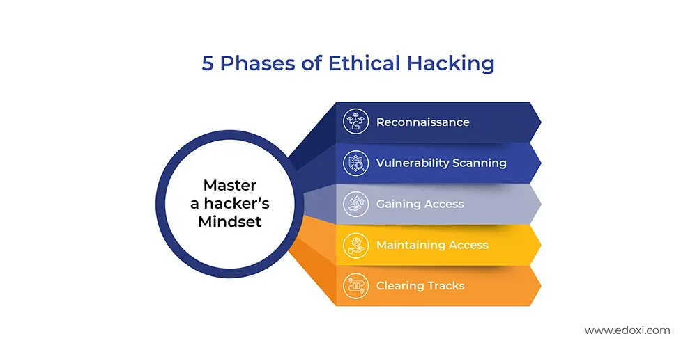The image illustrates the 5 phases of ethical hacking: Reconnaissance, Vulnerability Scanning, Gaining Access, Maintaining Access, and Clearing Tracks.