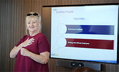 Corporate professionals from The Qode participating in Edoxi's Leadership Skills corporate training conducted by Julie Archer at the client's premises in Dubai