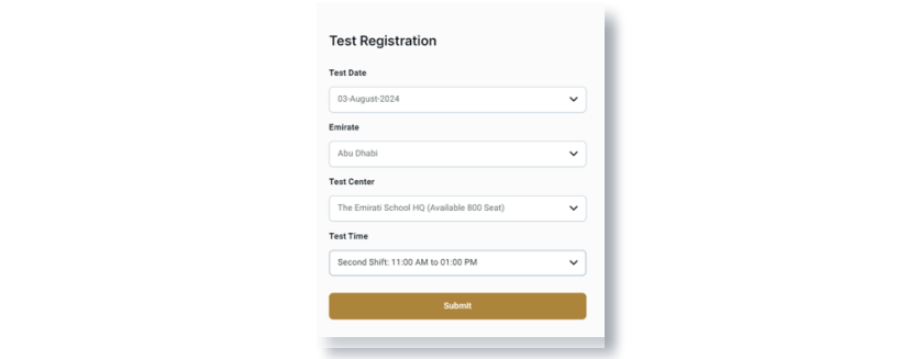 image showing how to select test date, Emirate, Test Center and Test Time during EmSAT test registration.