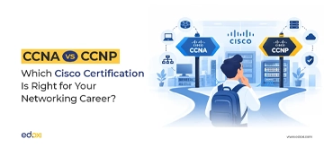 CCNA vs CCNP certification comparison showing a beginner and an experienced network engineer 