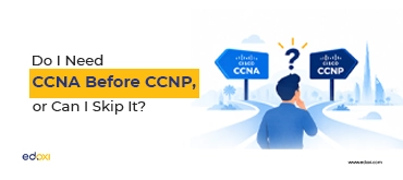 Illustration of a learner choosing between CCNA and CCNP certification paths, featuring Cisco signposts.