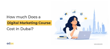Illustration of a digital marketing learner using a laptop, featuring marketing icons and the Dubai skyline, highlighting digital marketing course fees in Dubai.