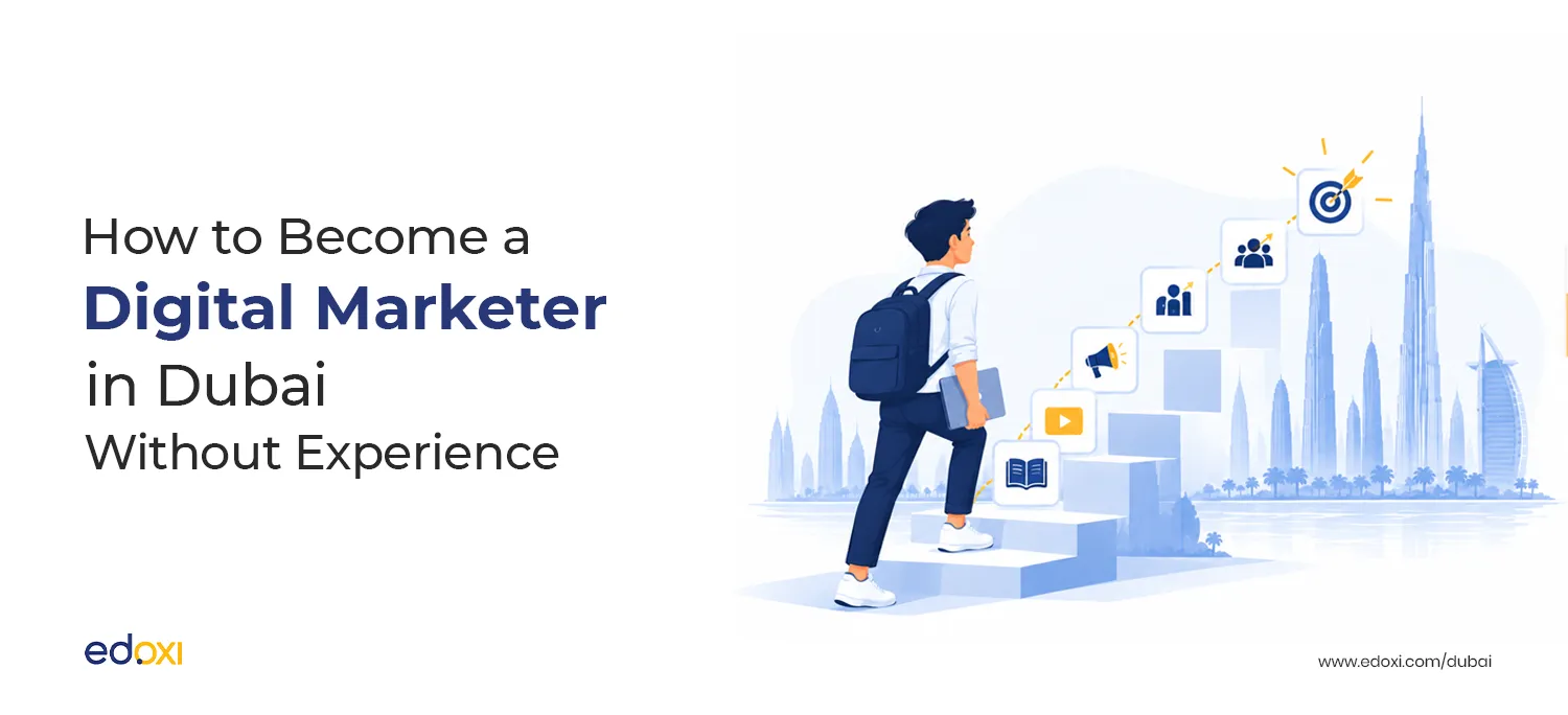 Illustration of a beginner starting a digital marketing career in Dubai.