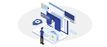 Isometric illustration of telemedicine: a patient consults a virtual doctor on a laptop, surrounded by medical icons like a health chart, shield, and medical bag.